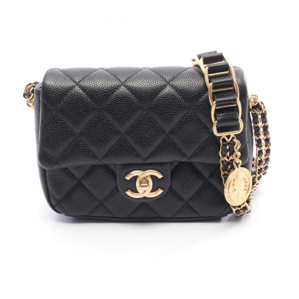 Chanel Matelasse Shoulder Bag Leather Grained Calfskin Black